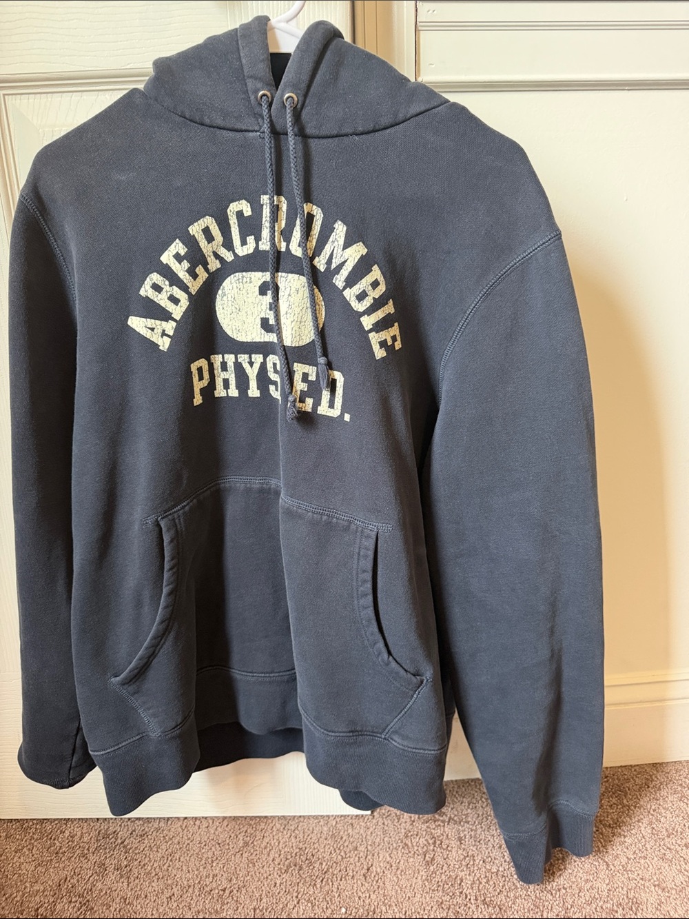 Abercrombie & Fitch Navy Blue Pullover Hoodie with Cream Logo